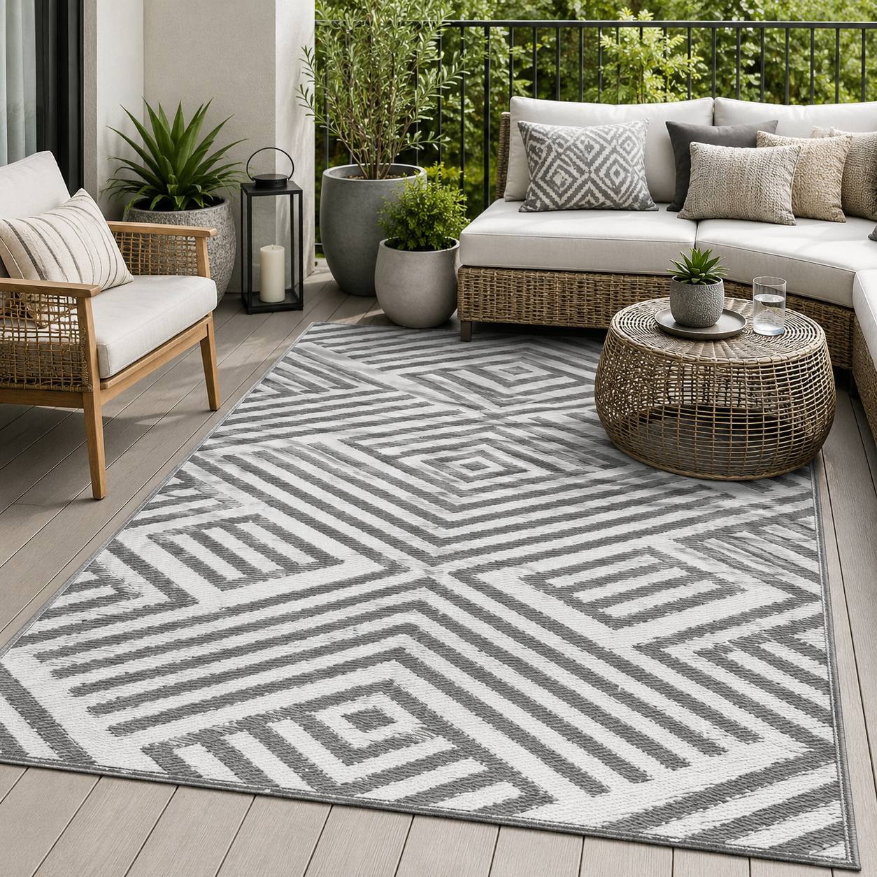 Pilkas geometrinio rašto lauko kilimas 120 × 170 cm modernioje terasoje su lauko baldais ir augalais.